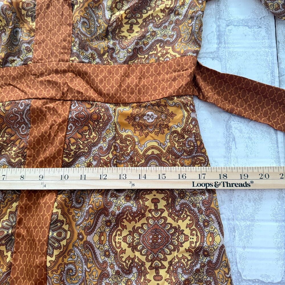 NY&Co Brown Damask Belted Dress Retro Style 3/4 Sleeves V-Neck Chic Sz S - Picture 8 of 12
